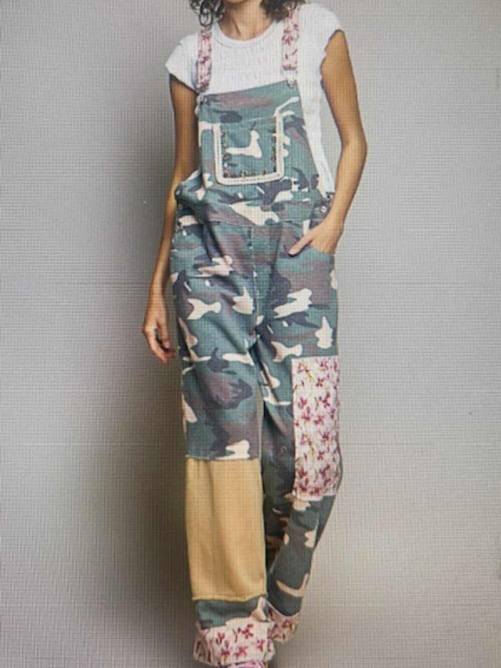 POL Olive Camo Patchwork Adjustable Floral Strap Relaxed Fit Overalls NEW